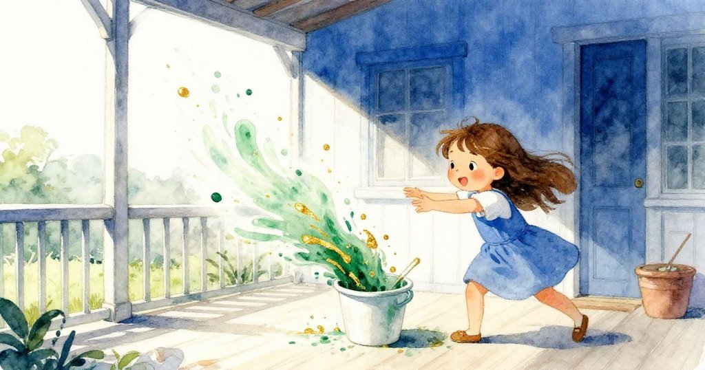 風吹起畫板邊緣,綠與金色顏料在水杯中旋轉,充滿動感,Faye注視遠方,情景緊張而奇幻.