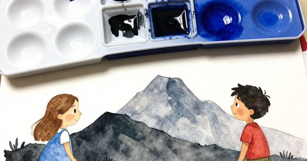 Faye與Seth靜觀最後筆觸,畫出尖銳山脊,調色盤顯露白塑料,情景柔和淡定,結局富含深意.