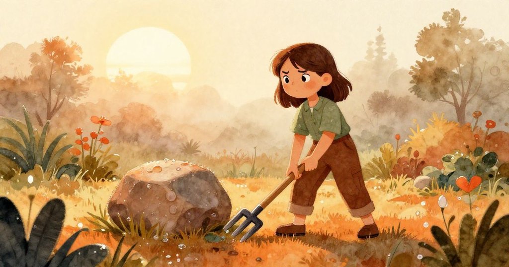 娜迪亞在霧氣瀰漫的花園裡，用耙子撬起大石頭，表情專注，晨光靜謐，背景散落工具，展現早晨工作開始。