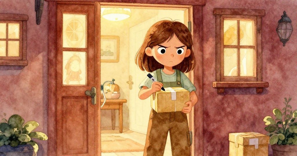 娜迪亞在溫暖家門口簽收包裹，仔細檢查物品，臉上帶著輕柔微笑，室內光線柔和，顯現安心與期待。