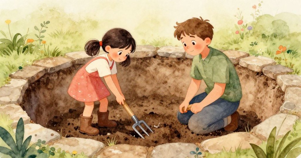 低角度近拍展現娜迪亞泥濘靴子旁，小灰石在花園覆土上滾動，一隻蝴蝶輕舞，整體充滿自然詩意。