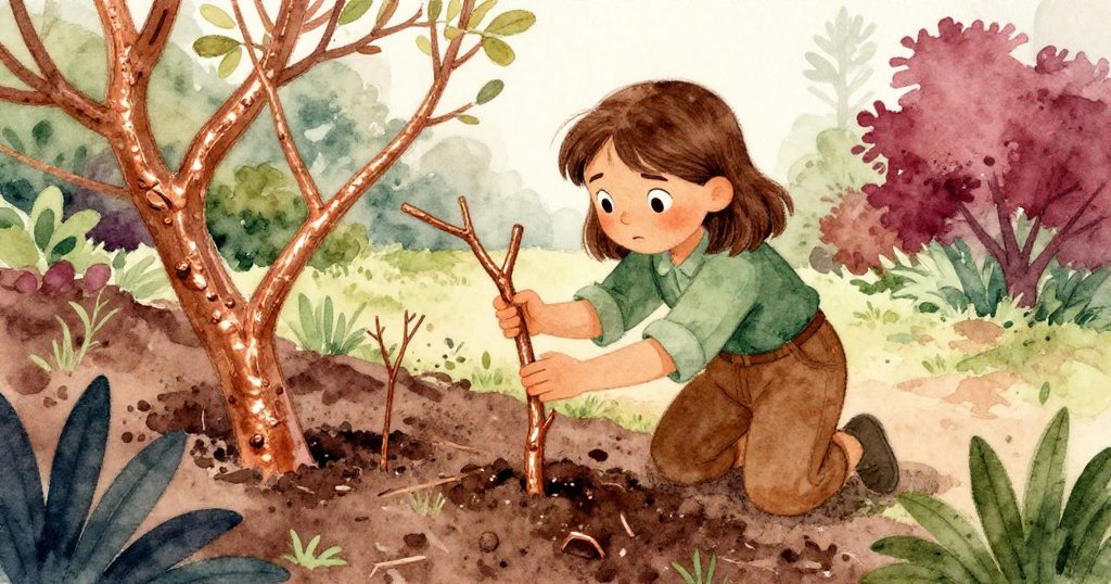 娜迪亞回到花園，從高處角度注視變化中的土壤與枝條，晨光柔和中流露出思索與調整。