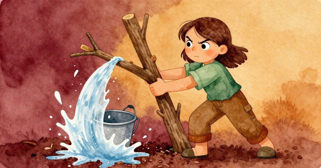 娜迪亞用堅固木頭支撐枝條，面露緊張專注，枝條擊中水桶激起水花，花園內充滿動感。