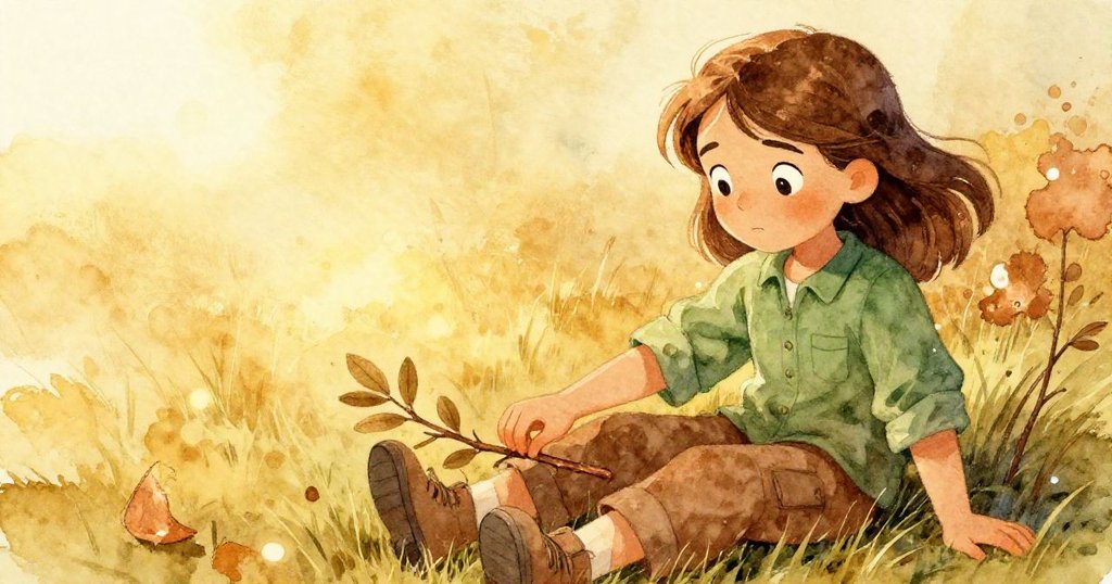 娜迪亞在柔軟草地上安坐，輕放枝條，臉上展露釋放與寧靜，溫暖光線下結束晨間辛勞。