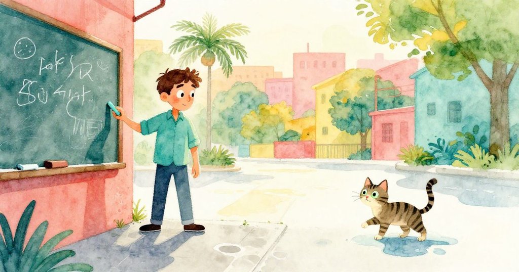 保羅在雨中走向濕潤的黑板，拿著青藍色粉筆，獨特條紋貓在積水旁觀看，晨光柔和映照城市街景。