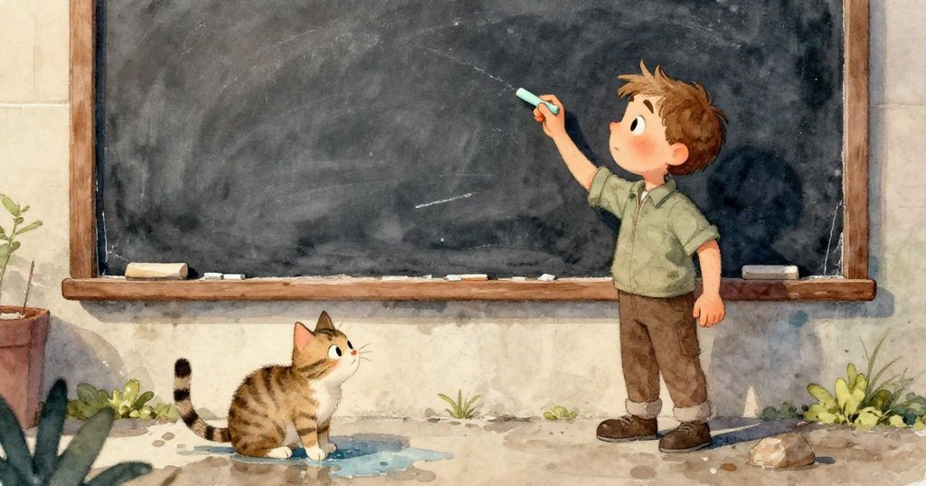 保羅的手握著青藍色粉筆，濕潤黑板上彩環初現，近距離展現創作活力與靈感。