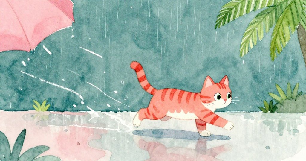 從保羅視角看濕潤黑板上粉筆線閃爍，獨特條紋貓突然起跳奔逃，雨景中展現追逐瞬間。