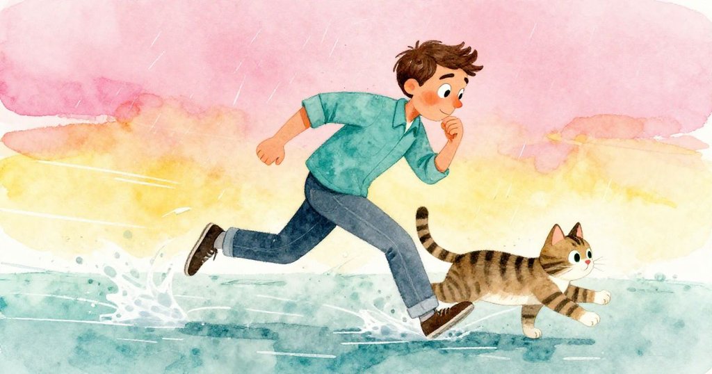 保羅急追條紋貓，雨滴猛烈灑落，鞋子激起水花，黑板上的粉筆線被雨水模糊，動感十足。