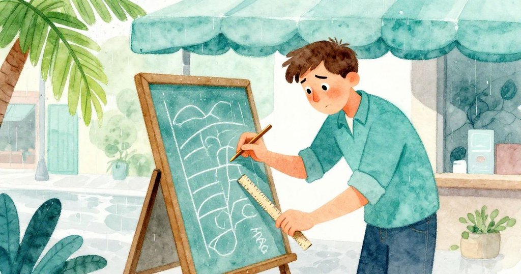 保羅在遮雨棚下用木尺謹慎重畫粉筆線，雨水斑駁中透露出堅持與沮喪的情緒，場景充滿城市風情。