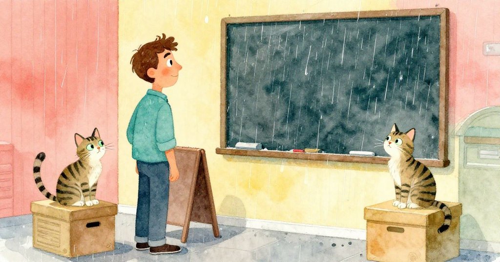 保羅在雨停間欣賞雨水柔化的黑板藝術，條紋貓靜坐物資箱上，場景充滿寧靜與詩意，畫面意味深長。