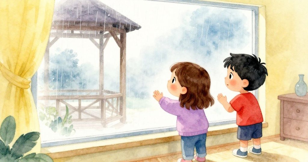 Bea和Cruz在窗邊創作,雨滴映照著木棚,兩人充滿好奇心,室內溫馨而柔和。