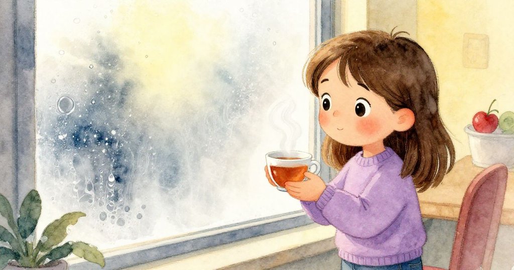 Bea在窗邊仔細端詳冒氣的茶杯,窗玻璃上點滴藝術隨水霧交融,畫面溫暖平靜。