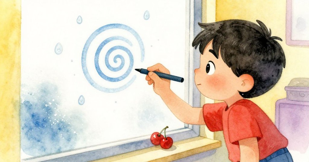 Cruz從身後專注描繪窗上螺旋線條,水珠隨之飛舞,畫面細膩神奇,呈現創意與自然交織。