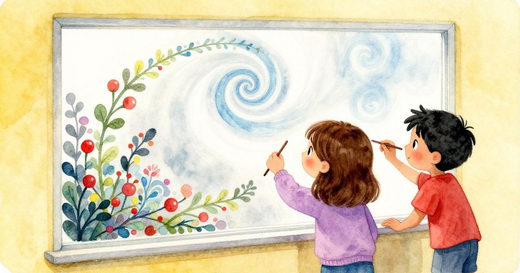 窗上原螺旋漸隱、對稱新紋清晰顯現,Bea和Cruz愉悅隨筆創作,畫面展現時間流轉與藝術進化。