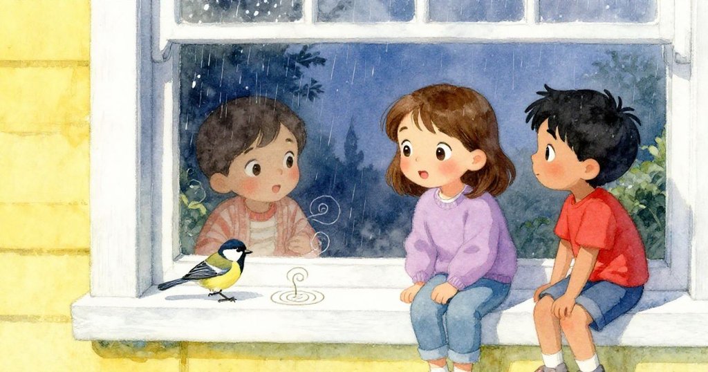 窗台上一隻小麻雀輕踏水珠,Bea和Cruz透過窗看著完成的藝術,彼此交換驚喜與寧靜的眼神。