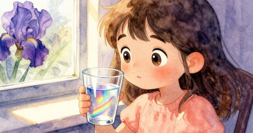 Iris專注凝視窗邊透明水杯,水中彩虹光影閃爍映出她驚奇與期待的眼神,畫面細膩動人。