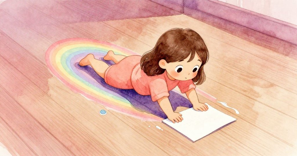 Iris從上方視角輕推筆記本於亮麗橡木地板上,水滴映出彩虹色光跡在紙邊柔和流動,充滿溫柔動感。