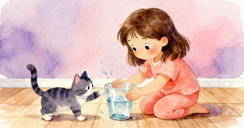 Iris謹慎調整水杯時,家貓輕觸杯緣引起微小水滴溢出,室內橡木地板上展現出精緻動態,充滿靈動情趣。