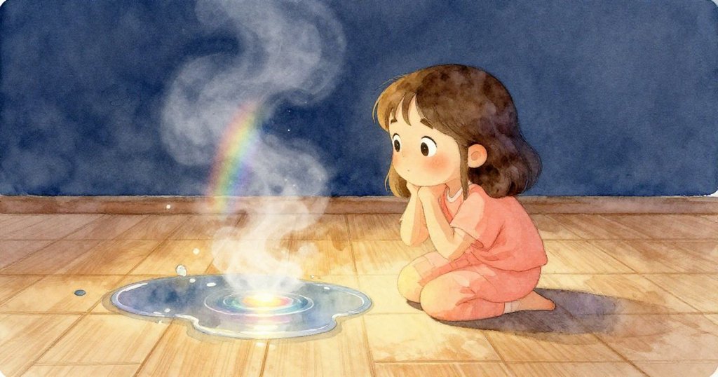 Iris靜立於溫暖室內,觀察橡木地板上細微水漣與蒸氣舞動,彩虹漸逝中流露出平和與深思情感。