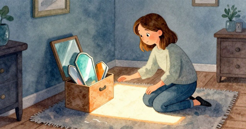 珍妮特走進陽光如門般照射的房間,她彎腰從盒中取出鏡子,神情專注,房間光影明暗分明,故事開始展開。