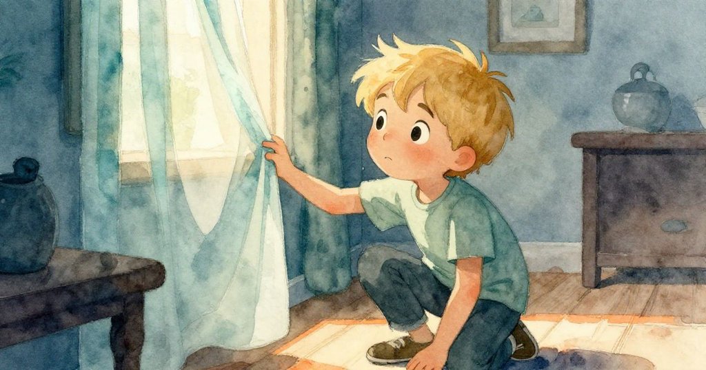 萊爾蹲在桌旁,袖子輕觸窗簾,柔軟布料與銳利鏡光形成鮮明對比,室內暖光中故事細節豐富展開。