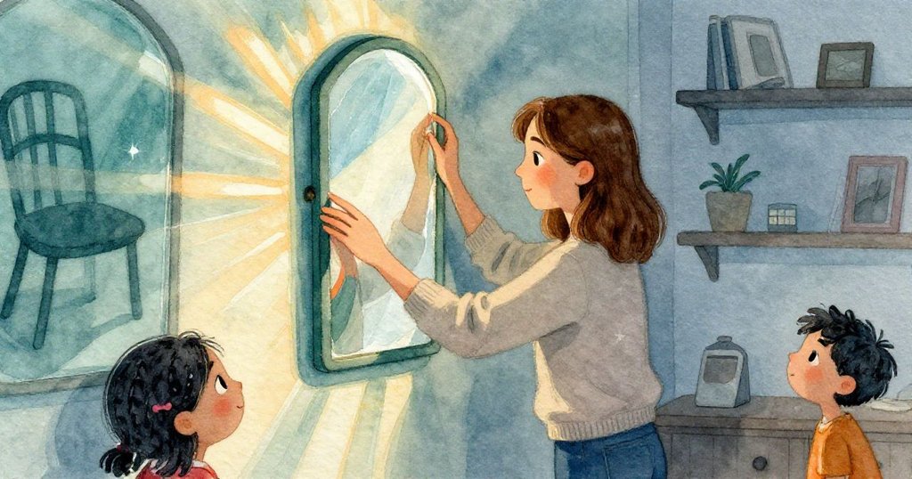 珍妮特在前景調整鏡子,多道光束從椅背及書架反射,層次清晰氛圍神秘,故事情節逐步展開。