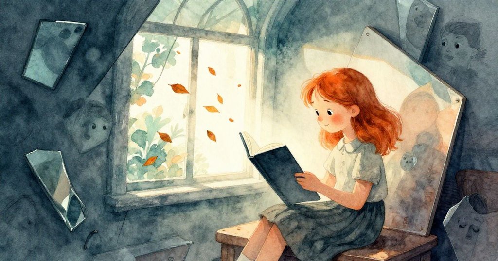 德莉亞坐在窗邊閱讀,鏡子以不可能幾何排列呈現奇幻效果,書頁輕舞如落葉,營造出夢幻氛圍。