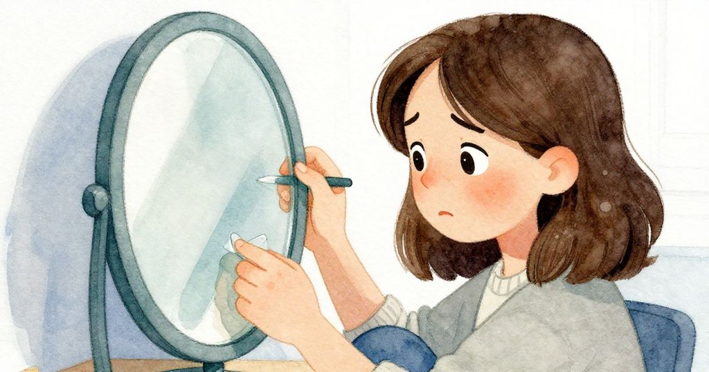 珍妮特專注調整鏡子,眼神顯露憂慮與決心,手部細節清晰,內心衝突隱藏在柔和燈光中。