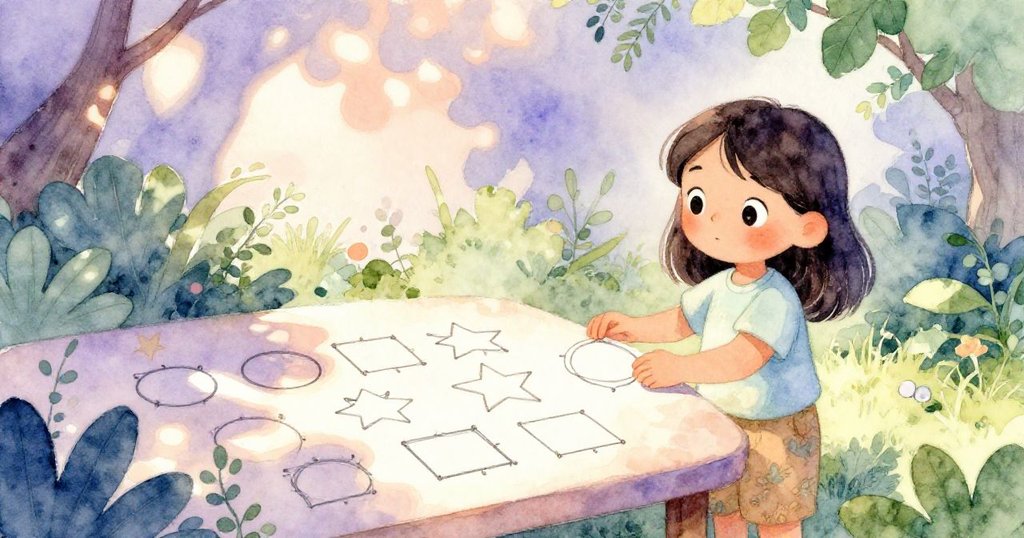 弗莉達在花園中數著排列整齊的線框，柔和陽光灑落，展現出初始探索與好奇心。