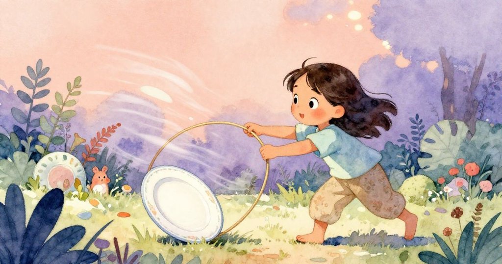 弗莉達正快速調整傾斜的餐盤圈，動感十足，背景風吹草動，充滿故事高潮的緊迫瞬間。