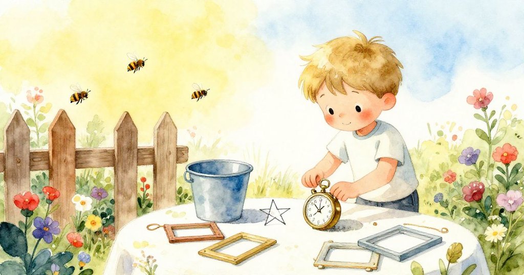 Tobias在陽光花園中擺放各種閃亮物品，臉上滿是好奇與期待，背景有圍籬及飛舞的蜜蜂。