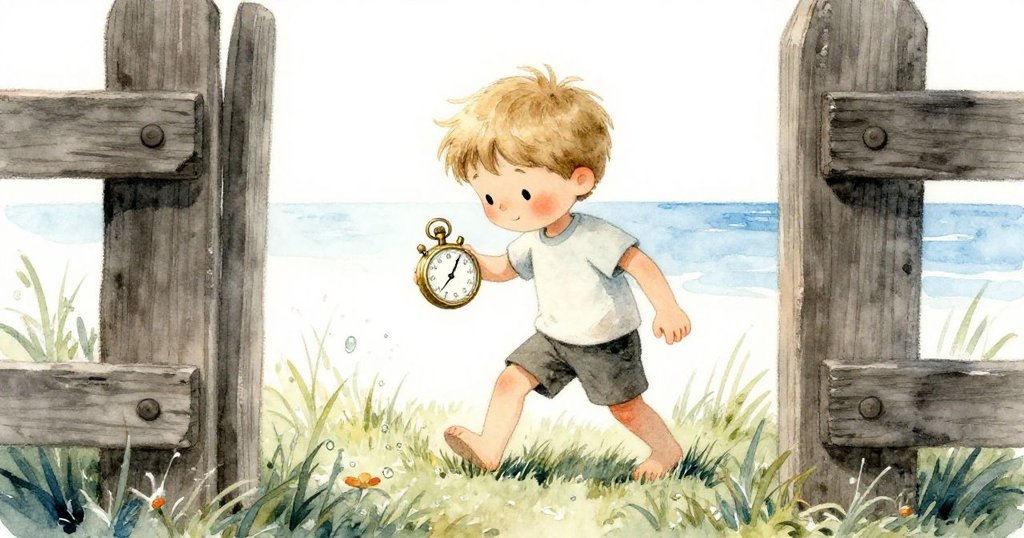 Tobias從籬笆縫隙中小心跨步過草地，眼神堅毅專注，背景隱約傳來遠處腳步聲。