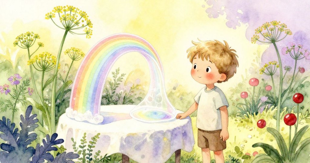 Tobias在微風中的花園探索彩虹薄膜，旁邊茴香莖輕輕搖曳，他臉上滿是驚奇與期待。