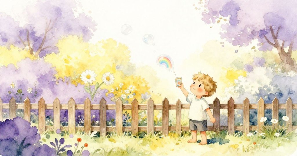 Tobias站在廣闊花園邊緣，手持彩虹薄膜的方框，臉上流露成就與微妙感慨，旁邊小氣泡輕輕破裂。