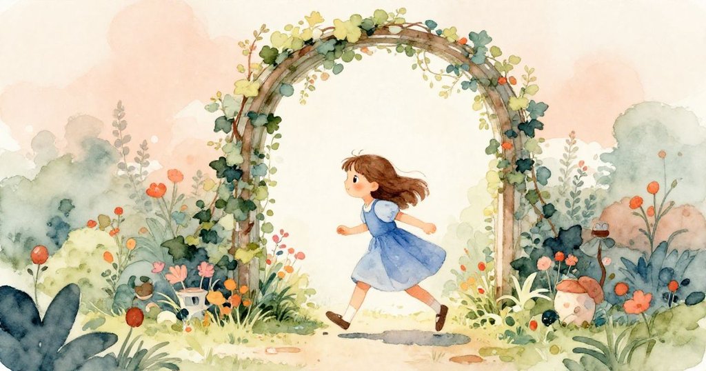 萊拉踏入籠罩在柔和陽光與藤蔓的花園門框,充滿好奇心與期待,展現開端的奇幻感。