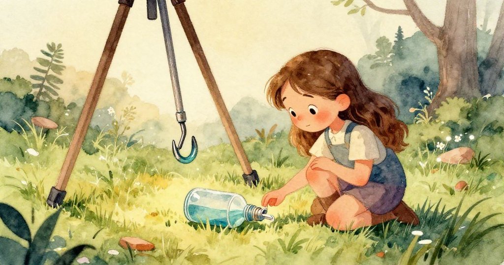 萊拉旁邊的塑膠擺鐘瓶與折疊紙角近距離展示,細膩呈現淡藍痕跡與質感,充滿探索感。