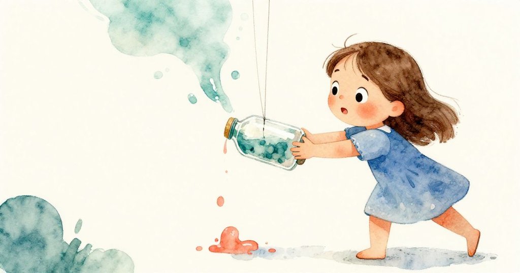 從身後視角看到萊拉輕推瓶子,開始緩慢擺動,顏料滴落紙上,動作溫柔且充滿期待。