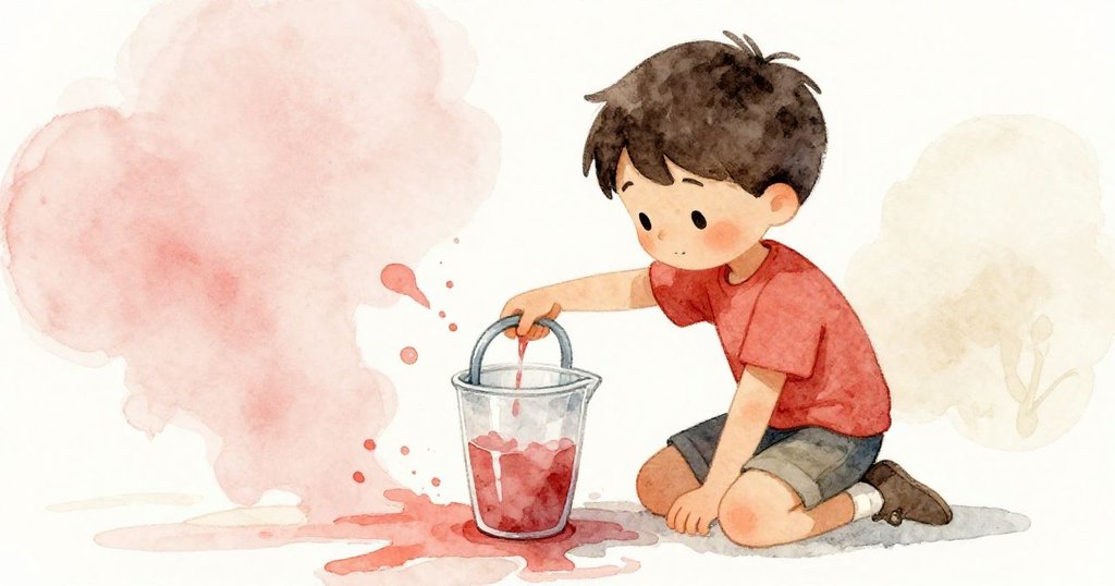 布拉姆跪在調色區意外撞倒水壺,畫面呈現溫柔粉玫瑰懷舊色調,展現記憶中的小插曲。