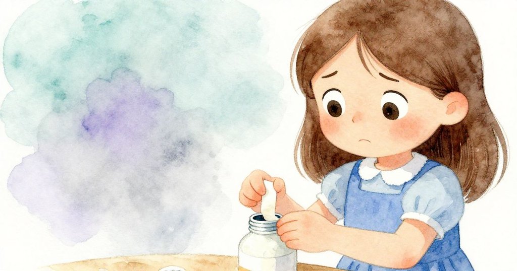 萊拉專注地用膠帶調整瓶口,臉上流露出既認真又略帶焦慮的神情,捕捉內心掙扎感。