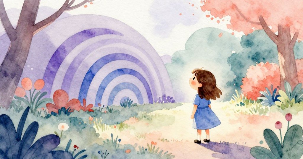 黃昏時分,萊拉在花園中靜靜欣賞完成的畫作,紙上紫羅蘭與鈷藍弧線交織,地上留有溫柔足跡。