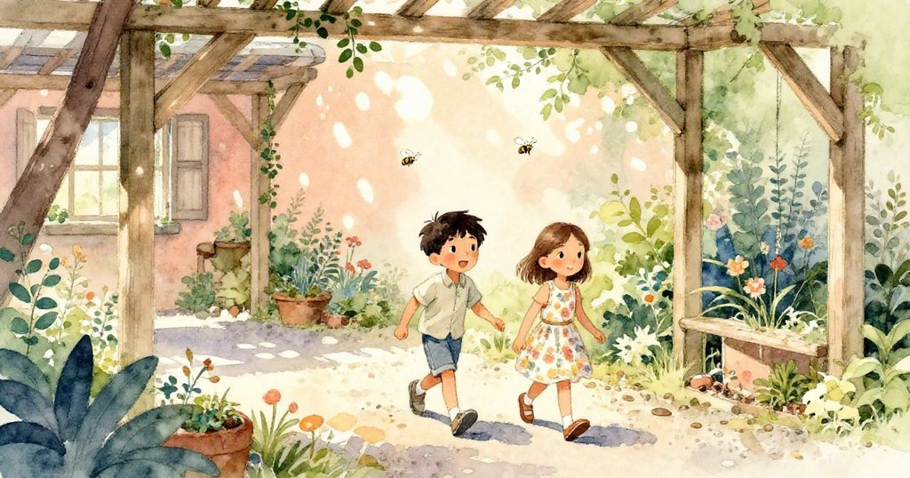 昆恩與艾拉在戶外花園踏著碎石路，迎著金色陽光和飛舞蜜蜂，展現期待與活力開啟種植冒險。