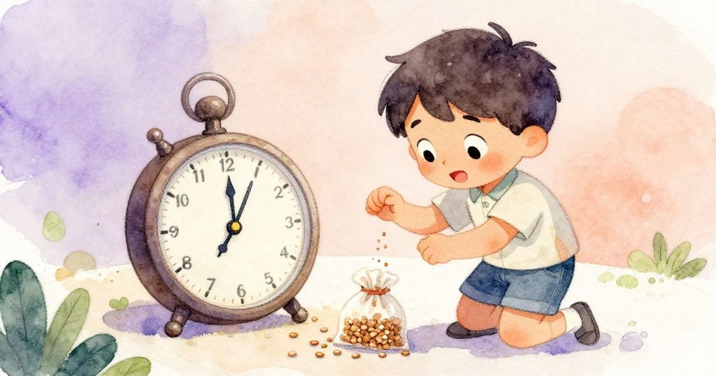 昆恩停下腳步檢視計時器與跳動豆子，手中動作展現期待與溫馨對比，傳遞細膩種植情節。