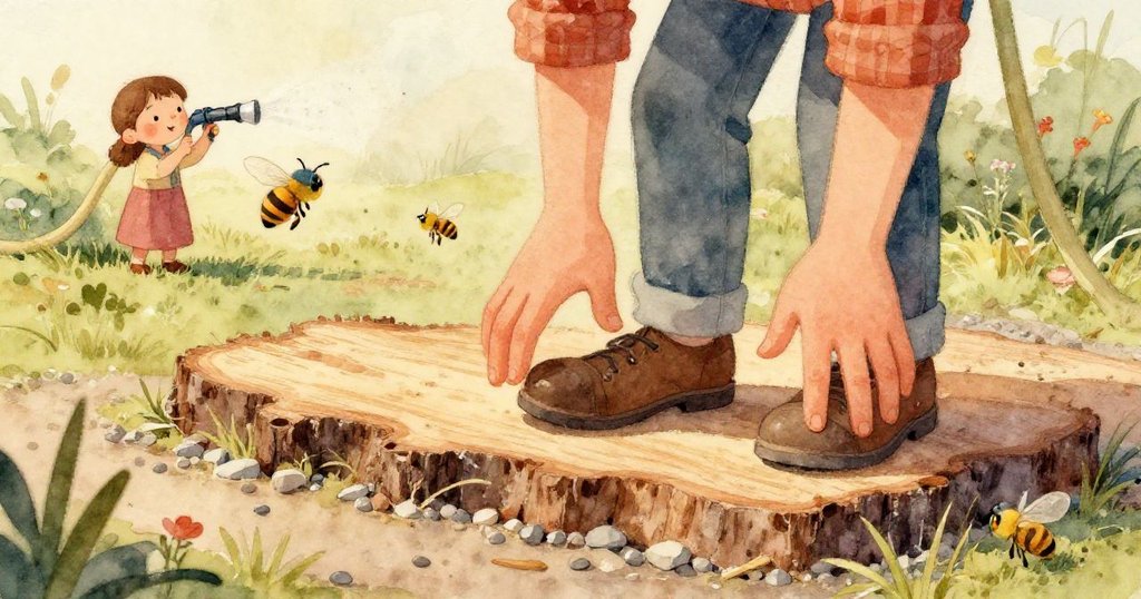 蜜蜂視角觀察庭園中露珠閃爍的綠葉，背景隱約映出昆恩與艾拉忙碌耕作，細膩呈現自然之美。