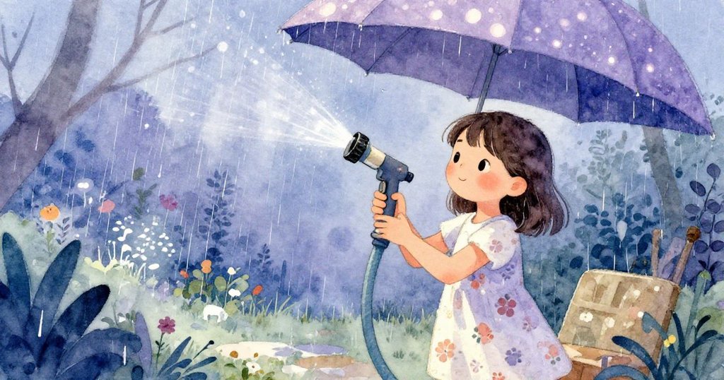 艾拉在帆布棚下調整噴頭，輕柔雨絲落下，她專注神情映照出溫柔堅定的種植意志。