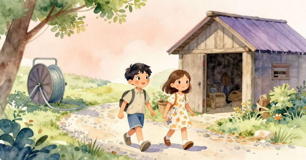 昆恩與艾拉並肩走向小屋，背後水管緩捲，碎石路上步伐堅定，溫柔光線預示故事未完待續。