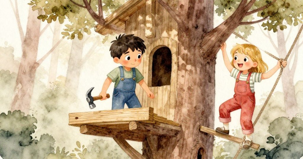 喬納斯在樹枝上用鎚子敲打木板，奧莉芙拉繩梯，樹葉搖曳，場景充滿冒險與合作的氣氛