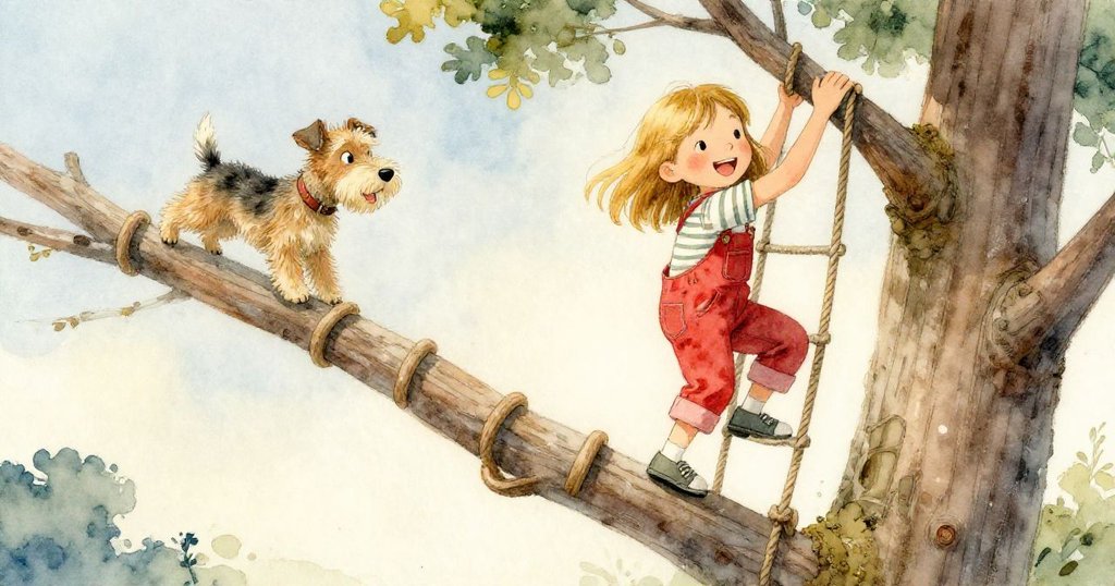 奧莉芙靈巧地攀爬繩梯，小狗在旁陪伴，背景中樹枝與木紋細緻呈現，畫面充滿活力