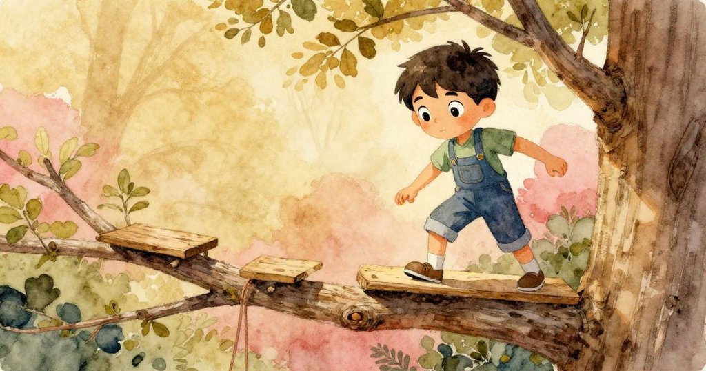 喬納斯專注地穩住延伸枝上的窄木板，層次分明的樹葉和樹皮營造出豐富背景，臉上滿是興奮與認真