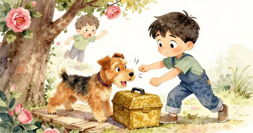 小狗用爪子推動工具箱蓋，喬納斯在遠處露出驚訝的表情，場景充滿動感與活力，工具與樹枝細節豐富