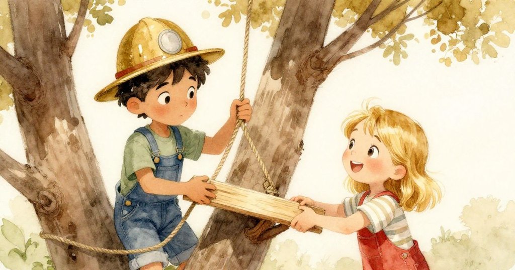 奧莉芙回來用抹布纏繞濕滑的繩子，喬納斯幫忙穩固木板，旁邊掛著帶有融化藥膏痕跡的老遊俠帽，場景平靜溫暖